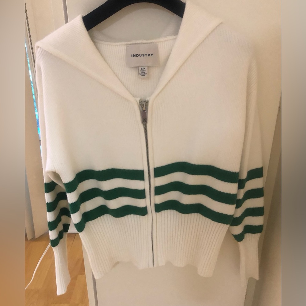 White Zip-Front Sweater with Green Stripes